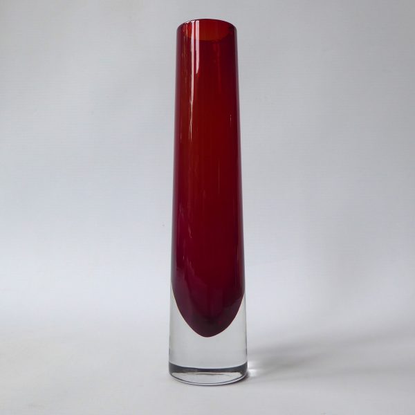 Whitefriars ruby red tapered chimney art glass bud vase 9655, 7 3/4" mid century