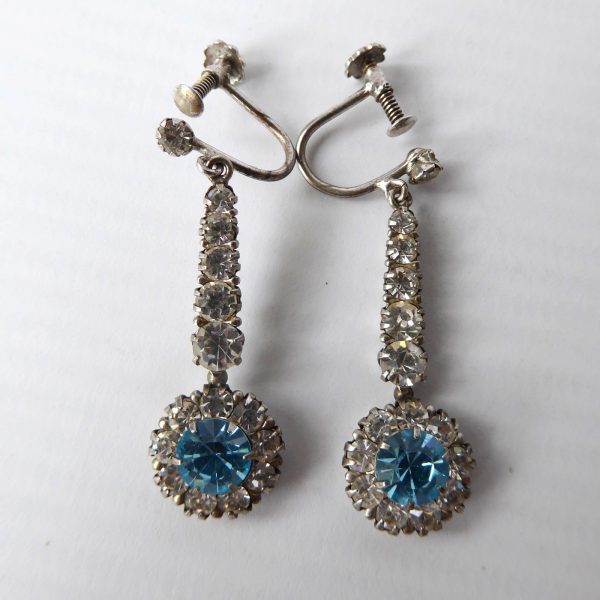 1930s Art Deco diamante paste + silver + blue drop earrings, Pat. 483401. 1937 - Image 3