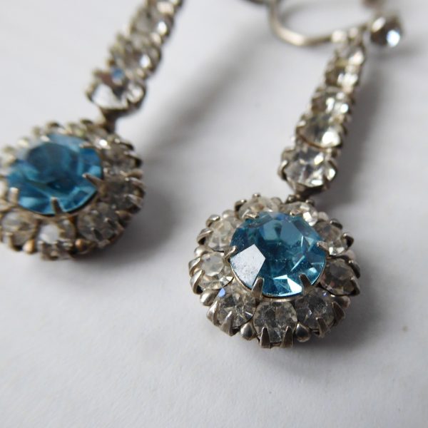 1930s Art Deco diamante paste + silver + blue drop earrings, Pat. 483401. 1937 - Image 4