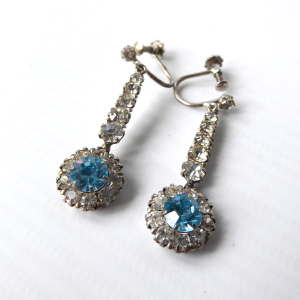 1930s Art Deco diamante paste + silver + blue drop earrings, Pat. 483401. 1937