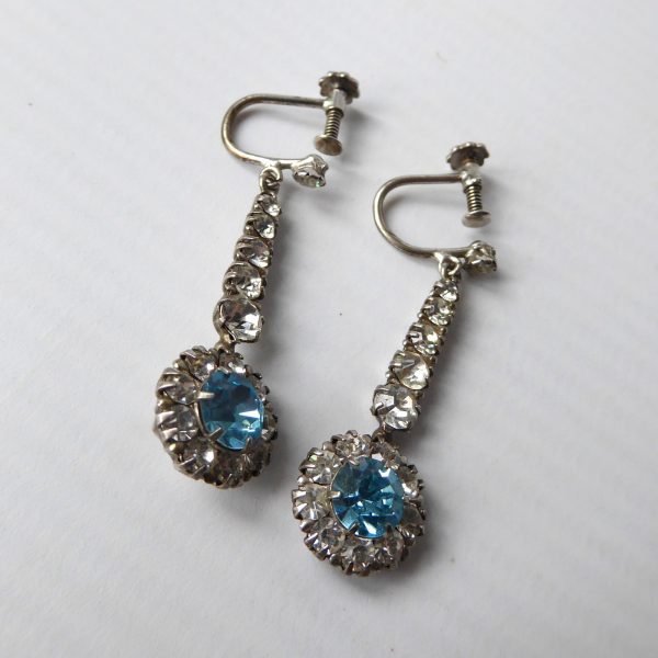 1930s Art Deco diamante paste + silver + blue drop earrings, Pat. 483401. 1937 - Image 5