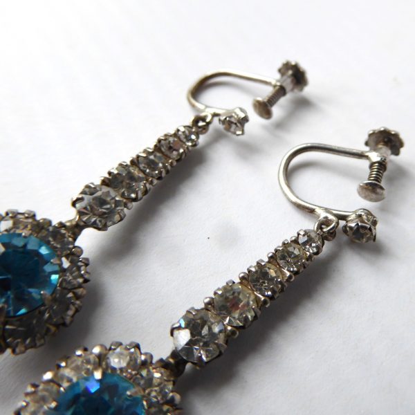 1930s Art Deco diamante paste + silver + blue drop earrings, Pat. 483401. 1937 - Image 6
