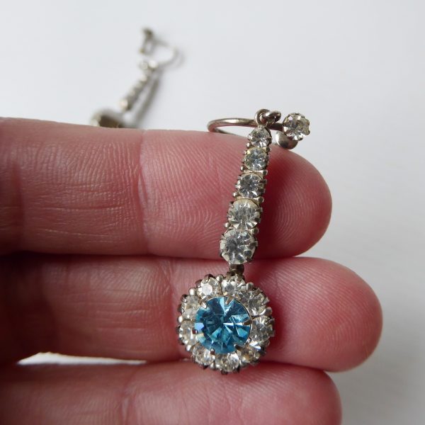 1930s Art Deco diamante paste + silver + blue drop earrings, Pat. 483401. 1937 - Image 8