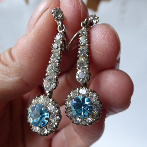 1930s Art Deco diamante paste + silver + blue drop earrings, Pat. 483401. 1937 - Image 9
