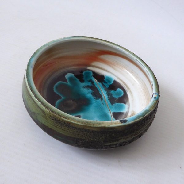 1970s David T Sharp Rye Studio Pottery small bowl, teal blue + green/brown art - Image 5
