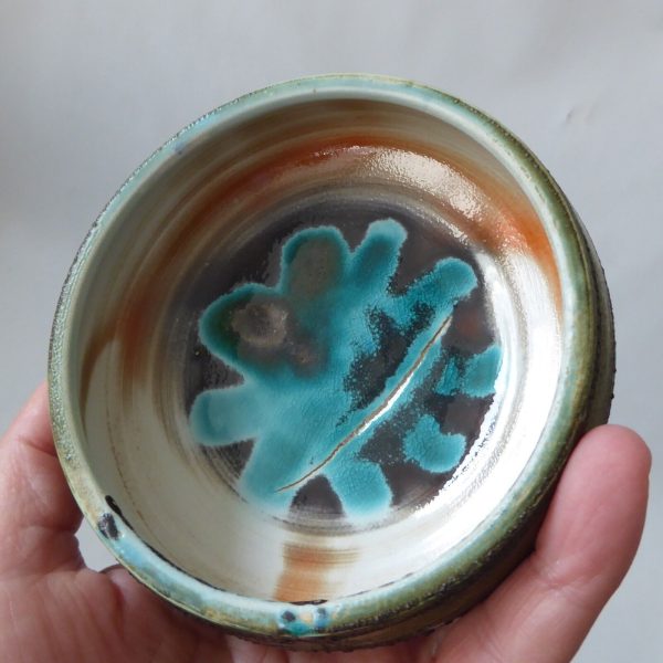1970s David T Sharp Rye Studio Pottery small bowl, teal blue + green/brown art - Image 6