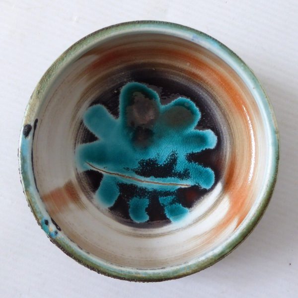 1970s David T Sharp Rye Studio Pottery small bowl, teal blue + green/brown art