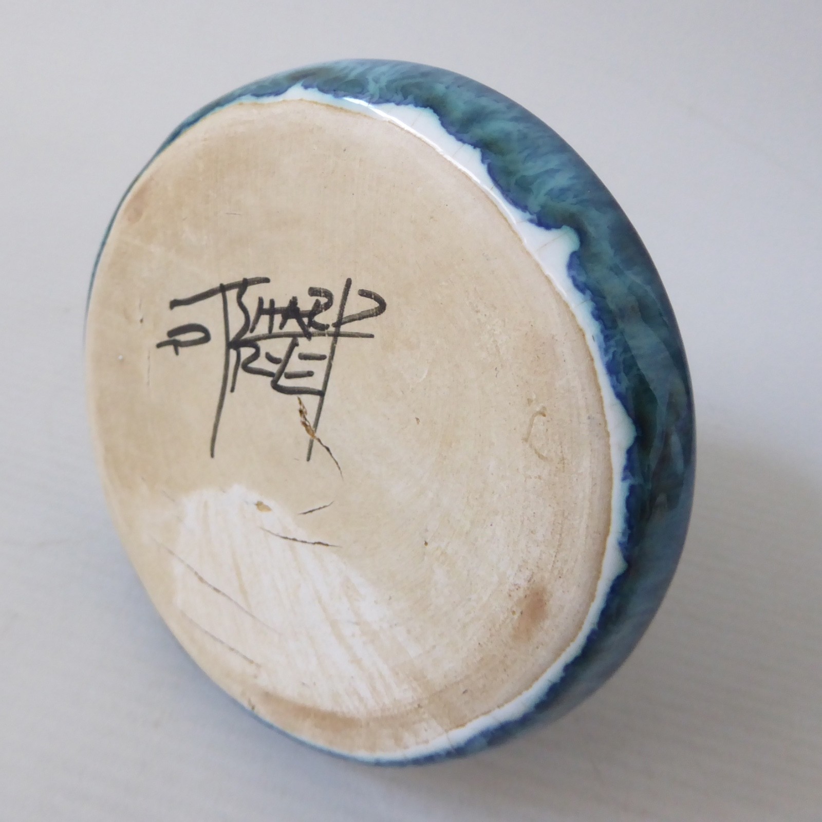 1970s David T Sharp Rye studio pottery egg cup saucer, teal blue + black art - Image 16