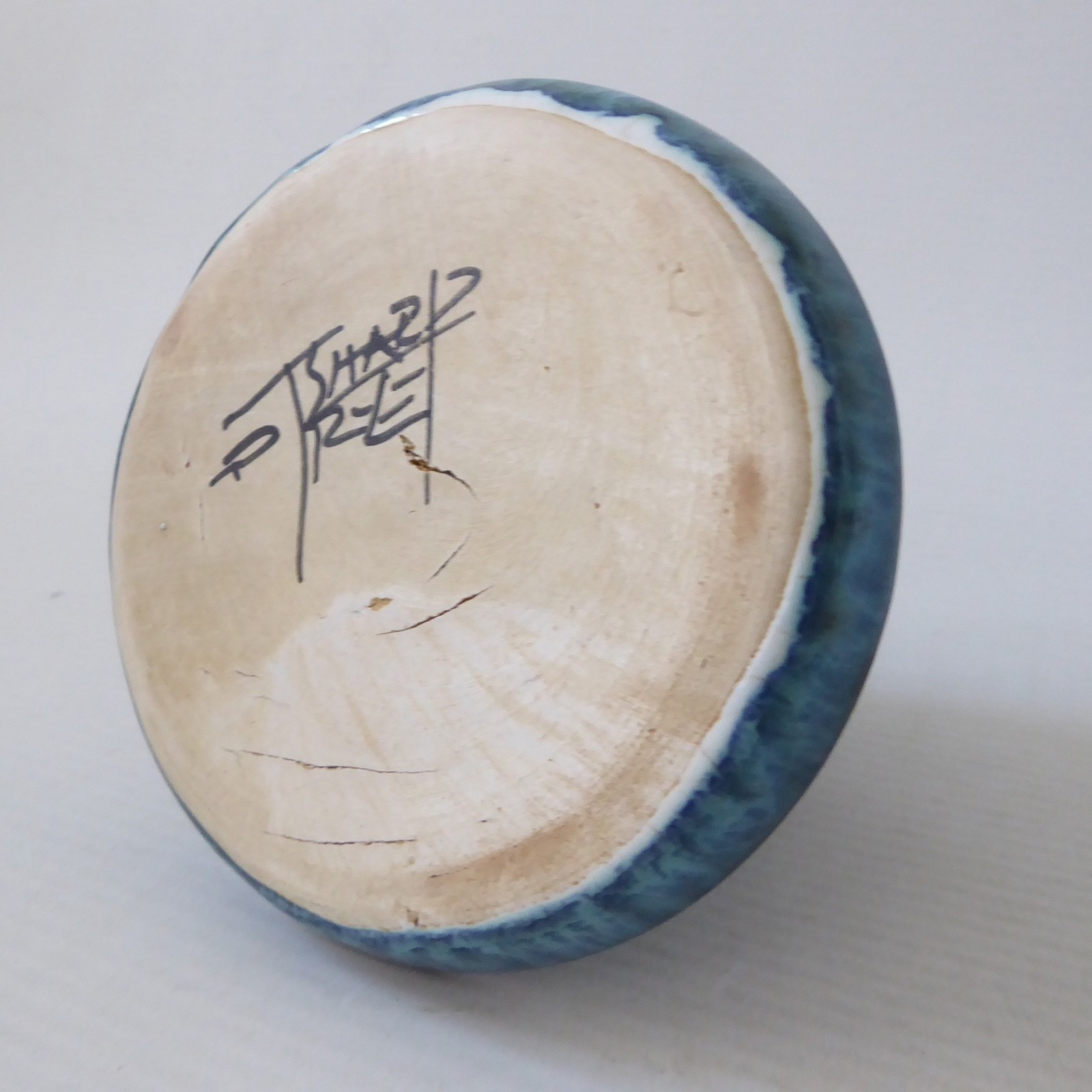 1970s David T Sharp Rye studio pottery egg cup saucer, teal blue + black art - Image 17