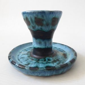 1970s David T Sharp Rye studio pottery egg cup saucer, teal blue + black art