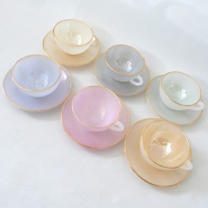 Arcopal France Harlequin vintage pastel opalescent tea cups & saucers, set of 6