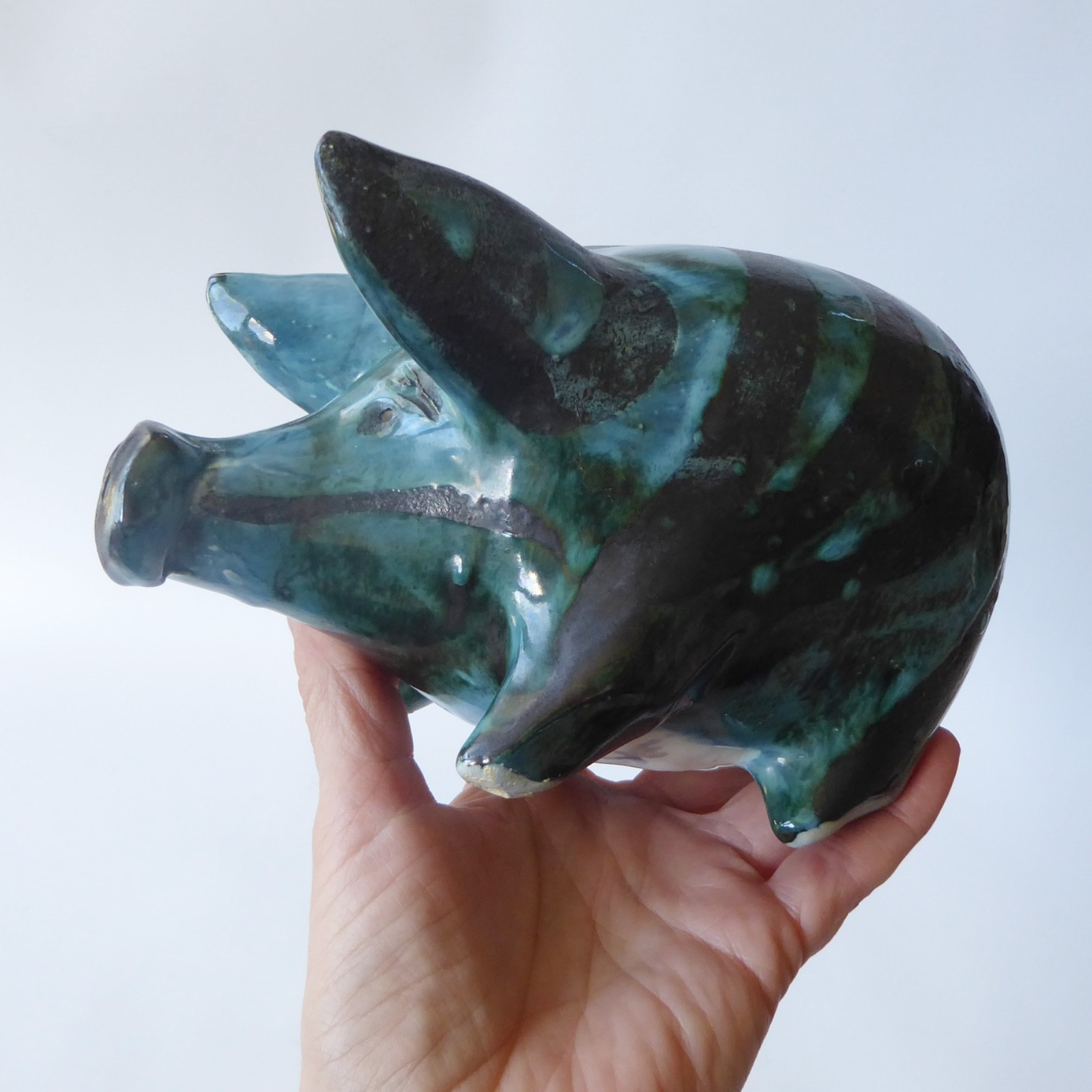 David Sharp Rye pottery piggy bank money box, teal blue black vintage ceramic AF - Image 4