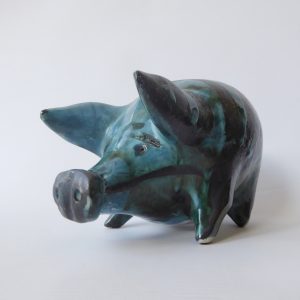 David Sharp Rye pottery piggy bank money box, teal blue black vintage ceramic AF
