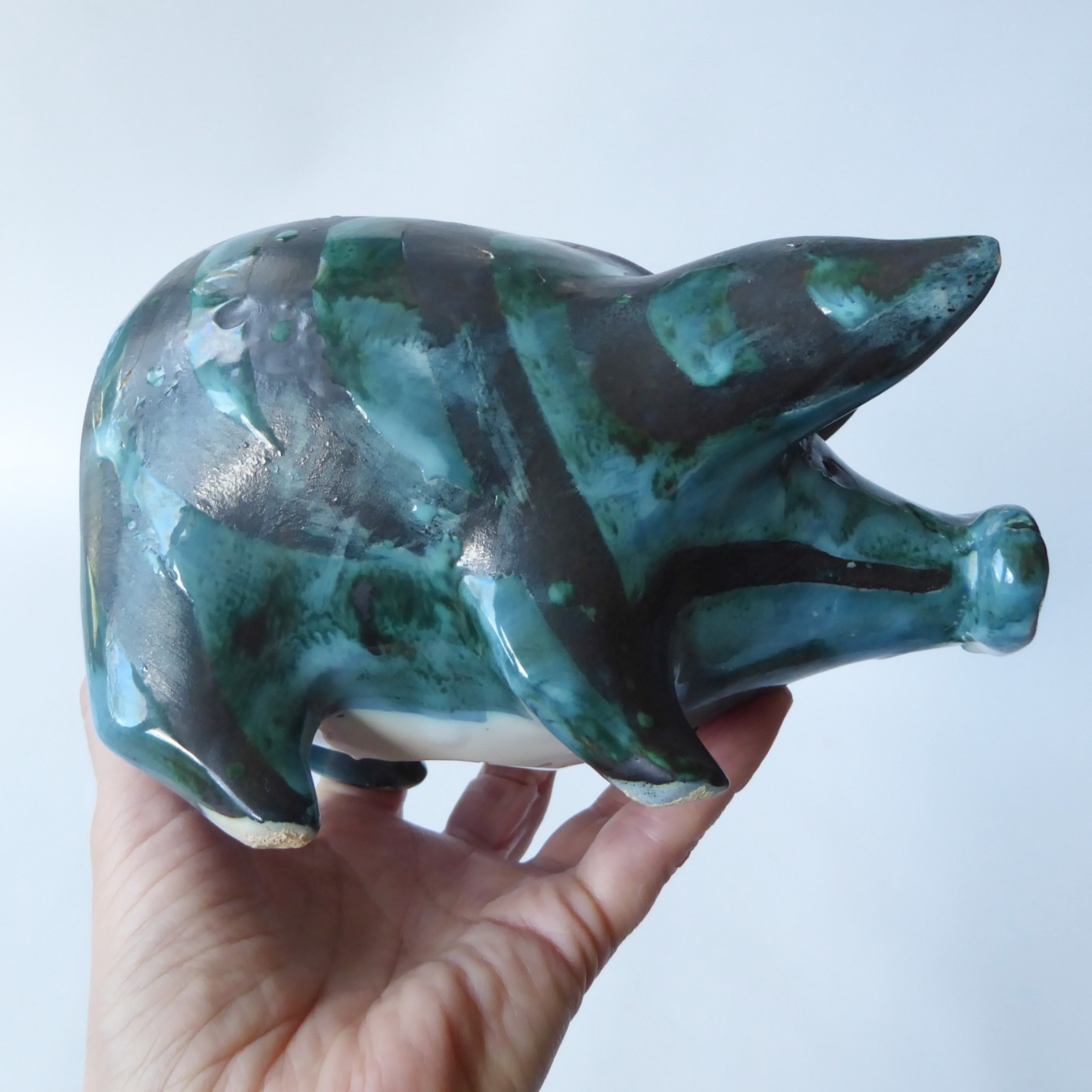 David Sharp Rye pottery piggy bank money box, teal blue black vintage ceramic AF - Image 10