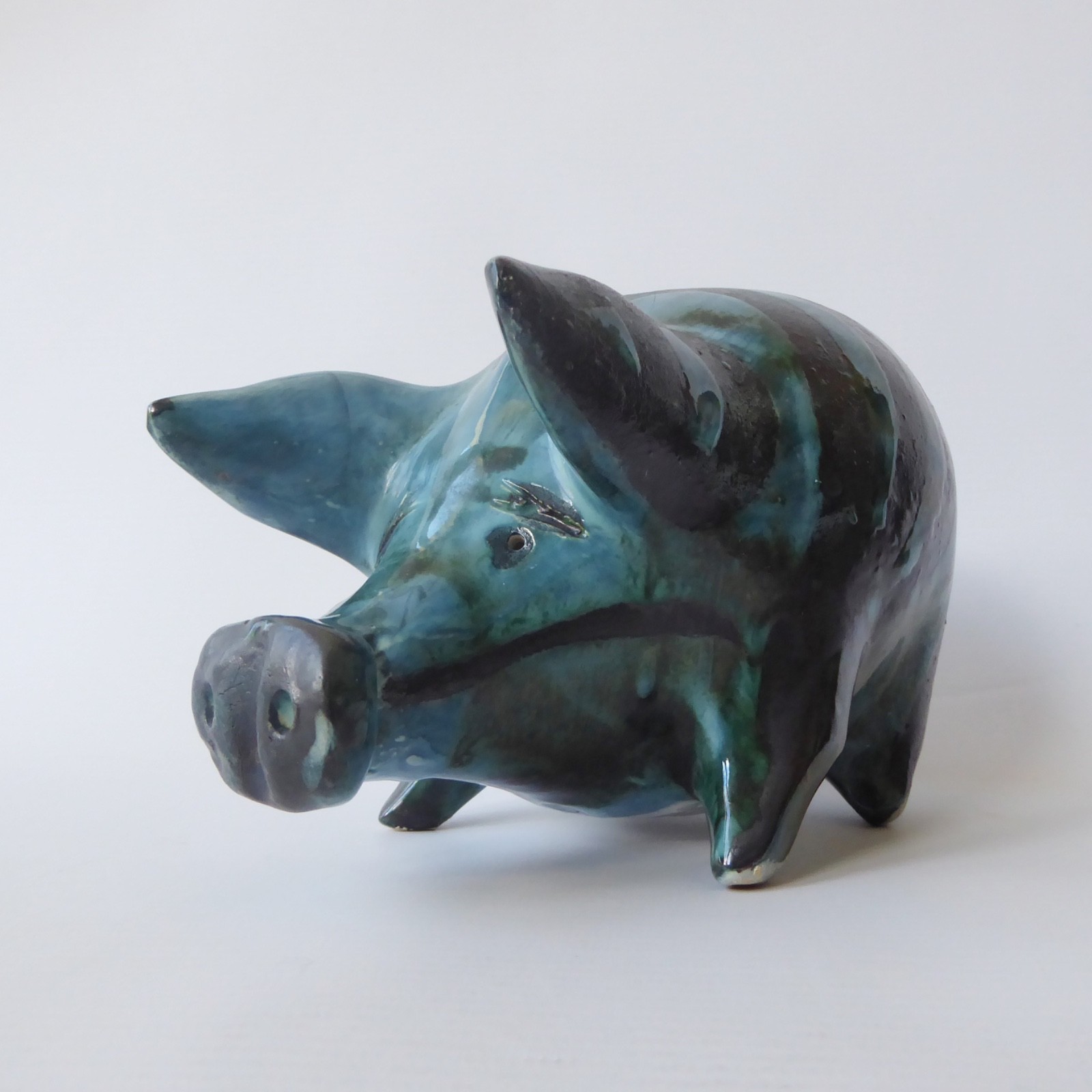 David Sharp Rye pottery piggy bank money box, teal blue black vintage ceramic AF