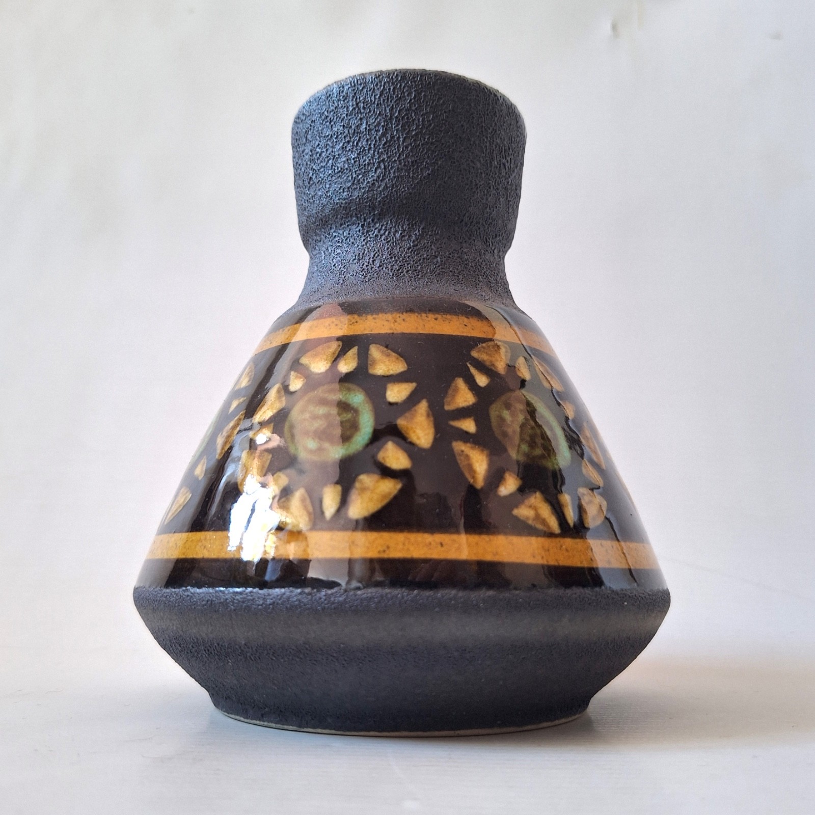 Dumler & Breiden West German pottery vase 128-15, black lava & glossy mustard