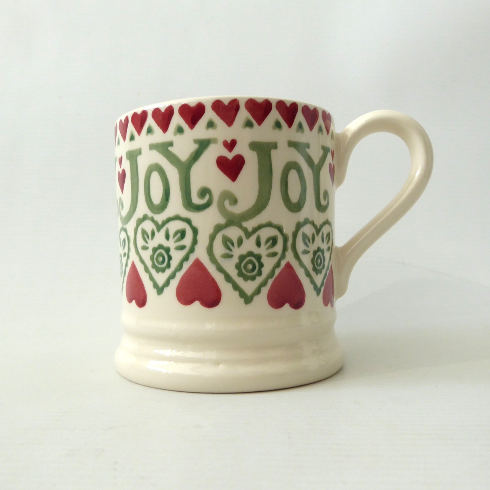 Emma Bridgewater 2012 JOY mug, red & green and cream, Christmas hand printed - Image 2