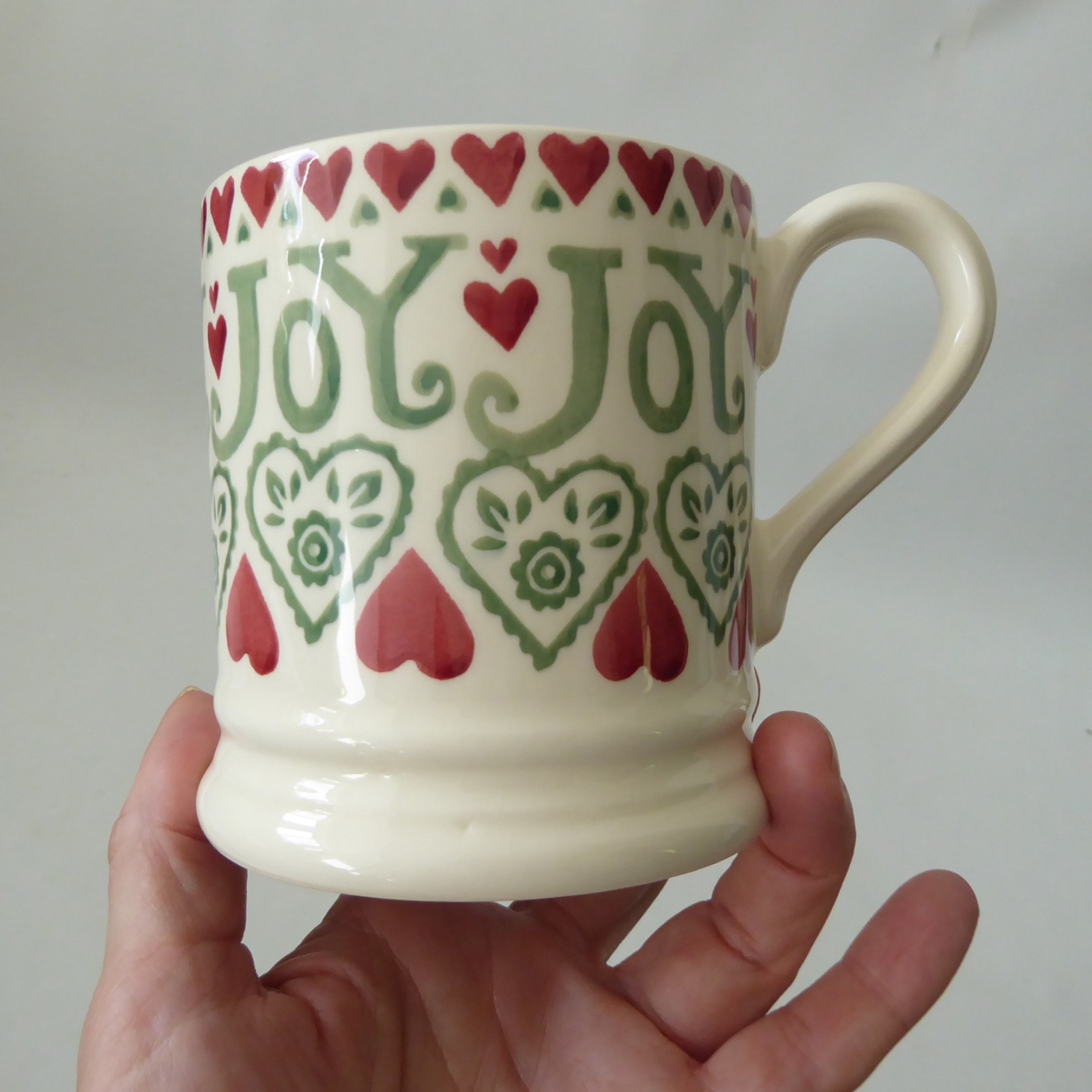 Emma Bridgewater 2012 JOY mug, red & green and cream, Christmas hand printed - Image 7