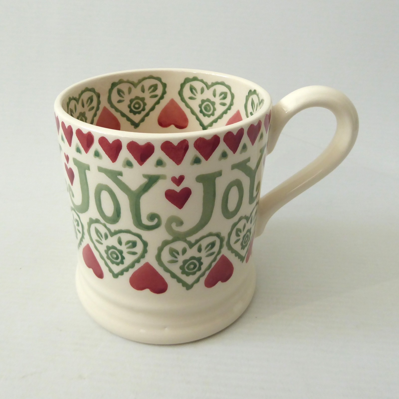 Emma Bridgewater 2012 JOY mug, red & green and cream, Christmas hand printed