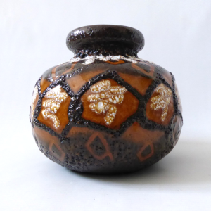 Fat Lava West German Scheurich pottery ceramic ball vase, browns. Textured black