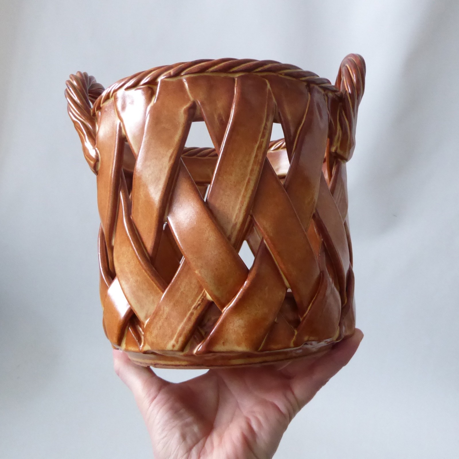 Handmade pottery basket planter, plant pot holder. Large ceramic glazed clay - Image 6