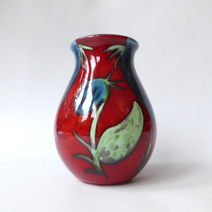 Himalayan Poppy Poole Pottery ceramic vase, red blue, signed AX SW, 17cm painted
