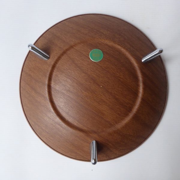Ianthe round faux teak wood effect dish/bowl chrome tripod. Atomic vintage retro - Image 11