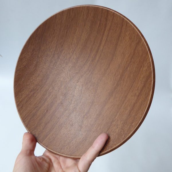 Ianthe round faux teak wood effect dish/bowl chrome tripod. Atomic vintage retro - Image 13