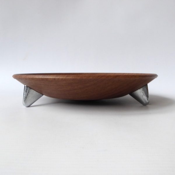 Ianthe round faux teak wood effect dish/bowl chrome tripod. Atomic vintage retro - Image 3