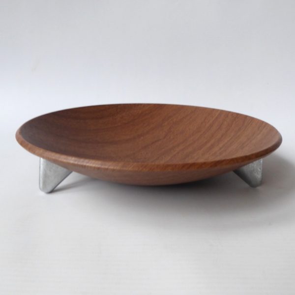 Ianthe round faux teak wood effect dish/bowl chrome tripod. Atomic vintage retro - Image 4