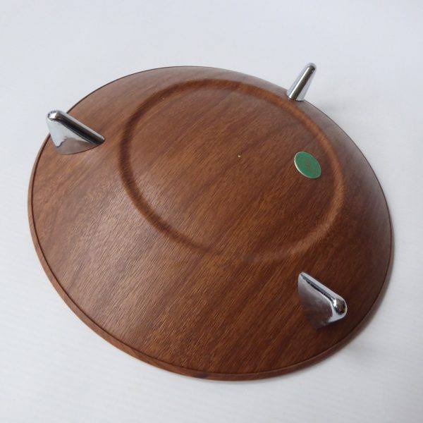 Ianthe round faux teak wood effect dish/bowl chrome tripod. Atomic vintage retro - Image 10