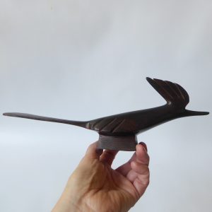 Ironwood stylised roadrunner bird. Modernist sculpture hand carved wood figurine