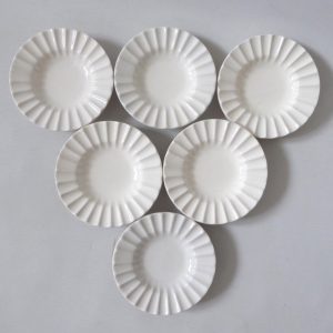 Lyngby Danish mid century 6 porcelain tiny plates. 1960s modernist ceramic white