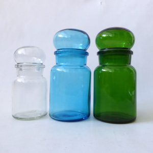 Made in Belgium set of 3 vintage retro glass apothecary storage jars, 1970s, 7"