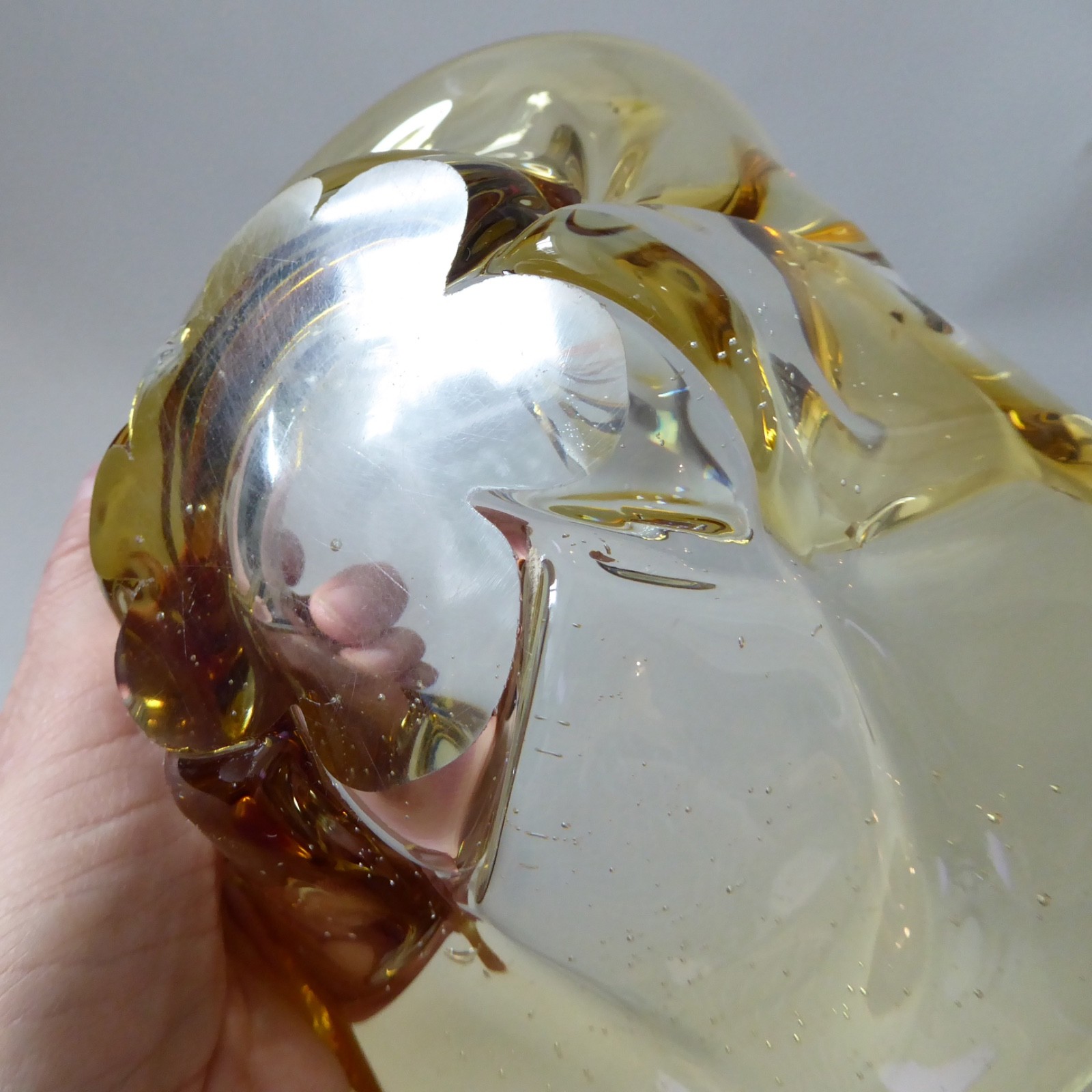 Murano art glass bowl. Amber folded cased dish ashtray. Vintage retro 1960s 7" - Image 10