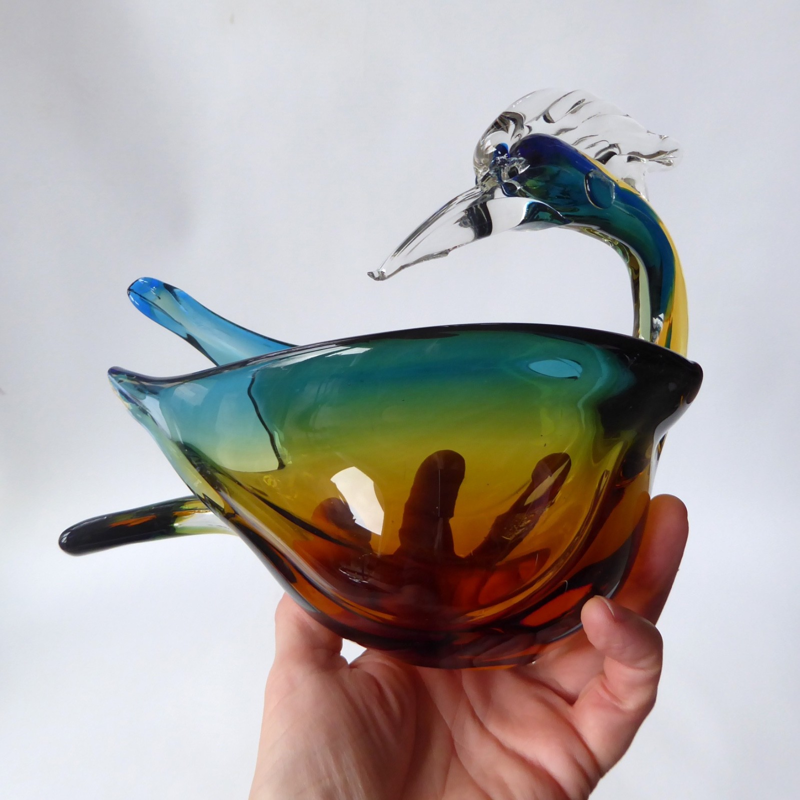 Murano art glass duck figurine blue amber. Vintage Italian bird bowl dish, retro - Image 12