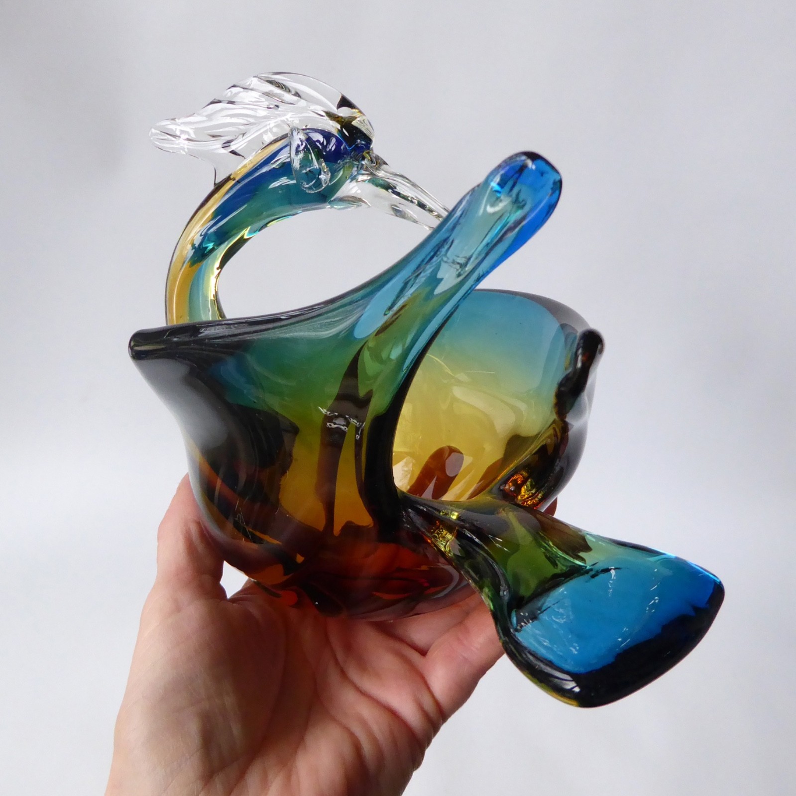 Murano art glass duck figurine blue amber. Vintage Italian bird bowl dish, retro - Image 13