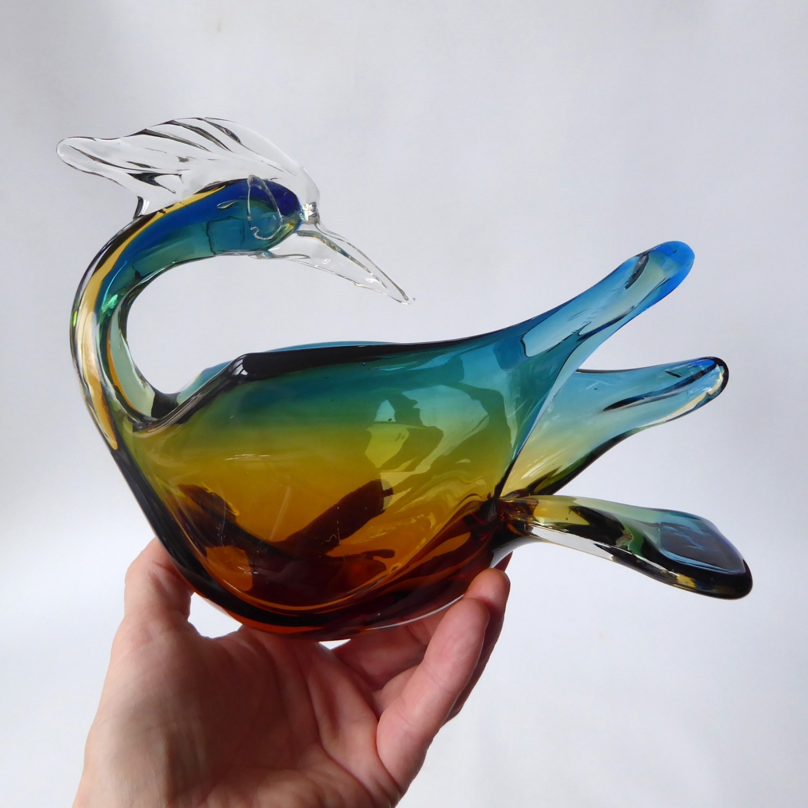 Murano art glass duck figurine blue amber. Vintage Italian bird bowl dish, retro - Image 14