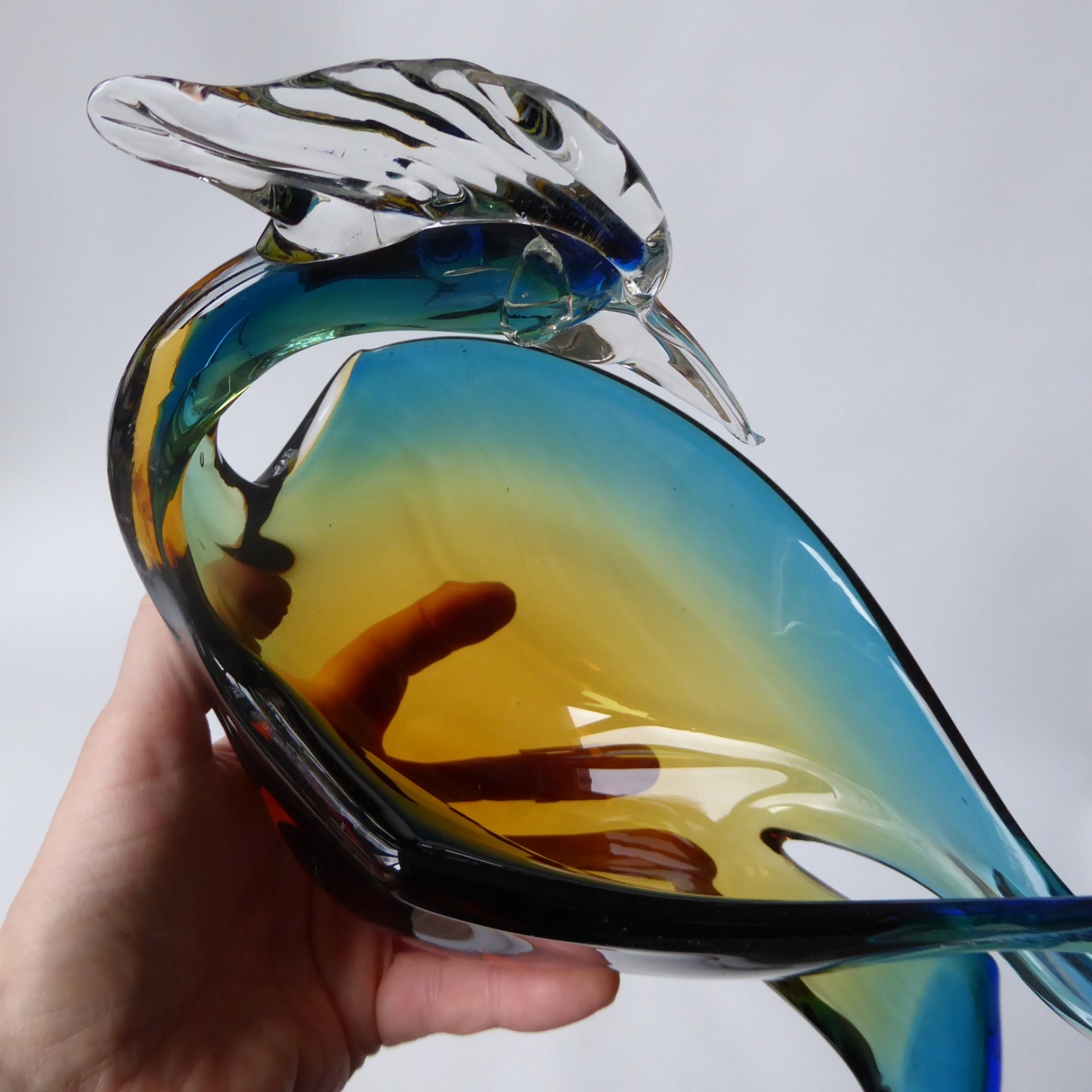 Murano art glass duck figurine blue amber. Vintage Italian bird bowl dish, retro - Image 15