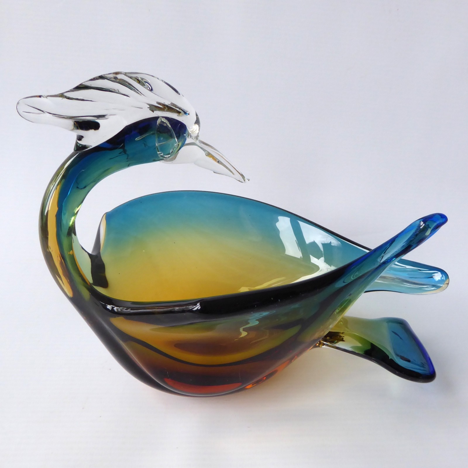 Murano art glass duck figurine blue amber. Vintage Italian bird bowl dish, retro - Image 3