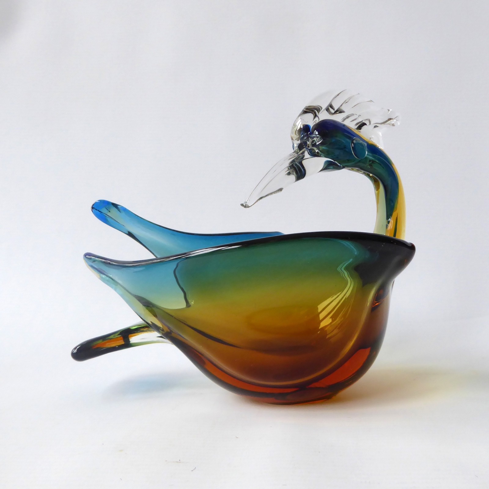 Murano art glass duck figurine blue amber. Vintage Italian bird bowl dish, retro - Image 4