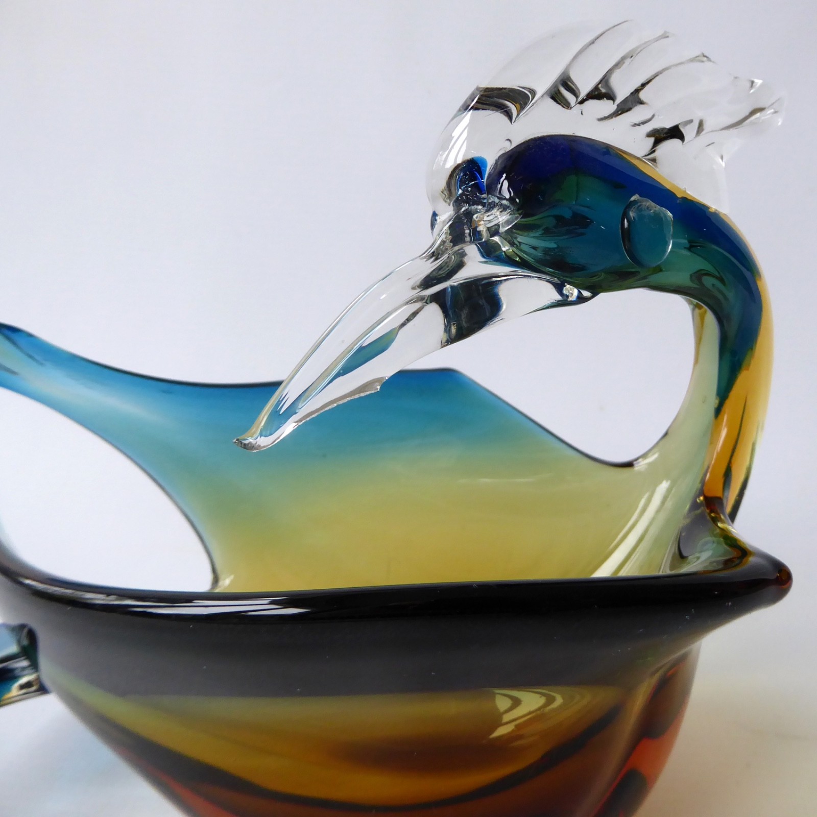 Murano art glass duck figurine blue amber. Vintage Italian bird bowl dish, retro - Image 5