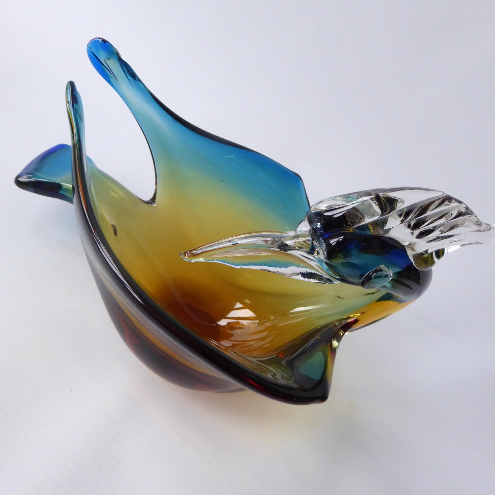 Murano art glass duck figurine blue amber. Vintage Italian bird bowl dish, retro - Image 6