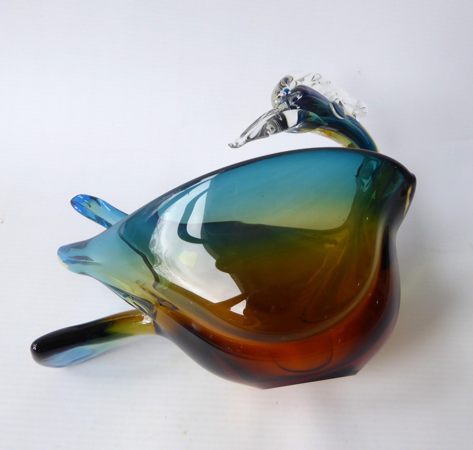 Murano art glass duck figurine blue amber. Vintage Italian bird bowl dish, retro - Image 10