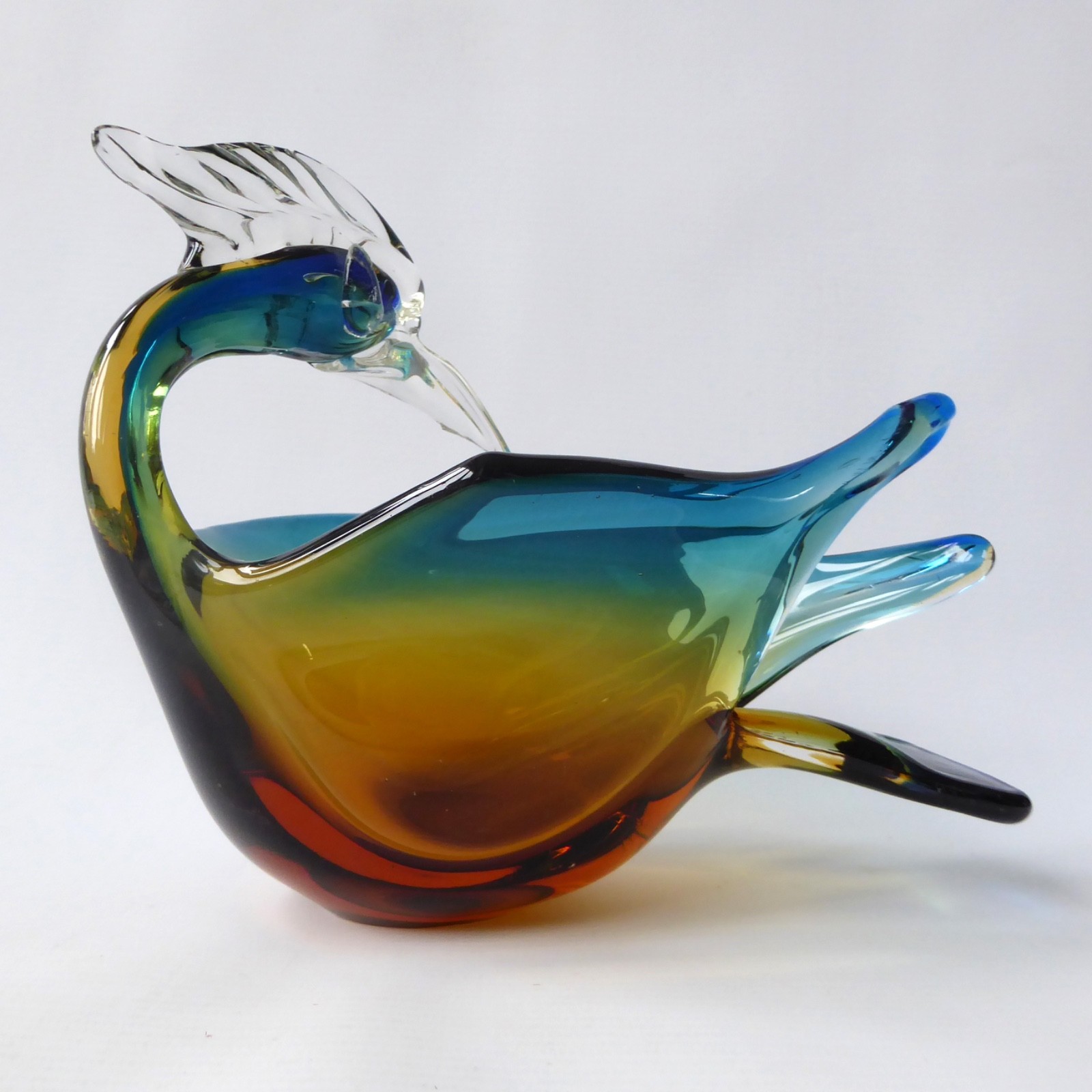 Murano art glass duck figurine blue amber. Vintage Italian bird bowl dish, retro
