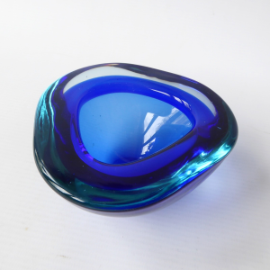 Murano royal & turquoise blue vintage art glass bowl dish ashtray, triangular