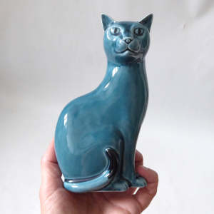 Poole Pottery vintage ceramic, dusky teal blue glaze seated cat figure ornament
