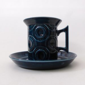 Portmeirion Jupiter cup & saucer 1960s Susan Williams Ellis, petrol blue circles