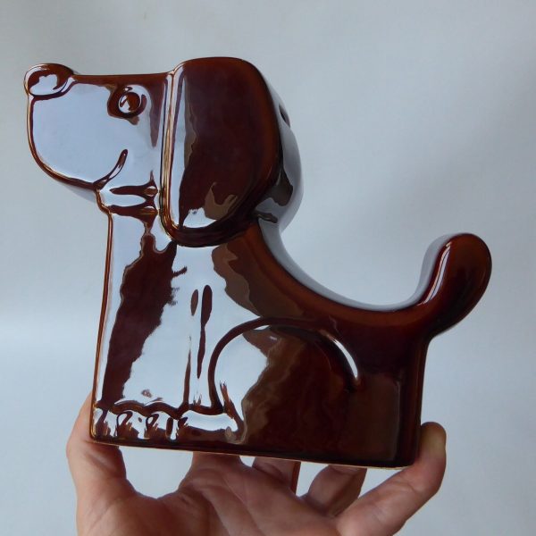 Retro 1970s stylised brown seated DOG money box large glossy glazed flat ceramic - Image 13