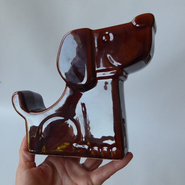 Retro 1970s stylised brown seated DOG money box large glossy glazed flat ceramic - Image 14
